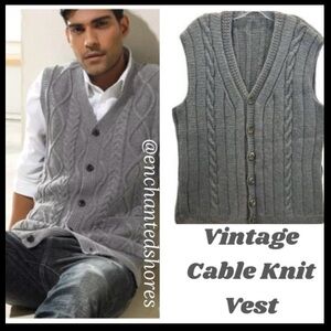 Vintage Sweater Vest Button Front Classic Boyfriend Cable Knit Size Large XLarge